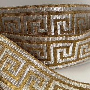 Greek key, rose gold and off white, metallic Jacquard ribbon fabric trim, 2 widths, sold by the yard.