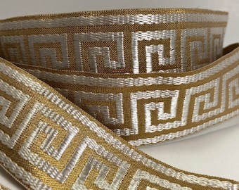 Greek key, rose gold and off white, metallic Jacquard ribbon fabric trim, 2 widths, sold by the yard.