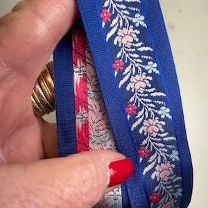 Scandinavian floral fabric trim, woven jacquard, 1 1/2 inch wide, sold by the yard.