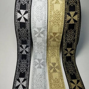 Celtic cross metallic woven fabric trim, 1 1/4 inch wide, sold by the yard.