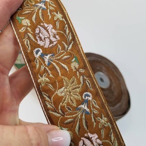 Rose metallic brown jacquard woven fabric trim, 2 inch wide, sold by the yard.