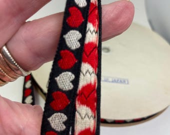 Vintage hearts on black soft woven jacquard fabric Trim, 1/2 in wide, sold by the yard.