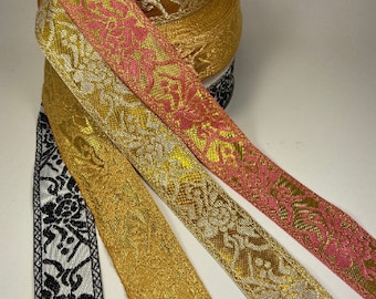 Rose metallic Jacquard Fabric Trim, 1 1/2 inch wide, sold by the yard.