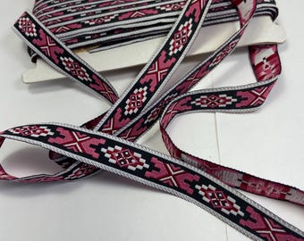Native pink x, 3/4 inch wide, jacquard woven fabric trim, sold by the yard.
