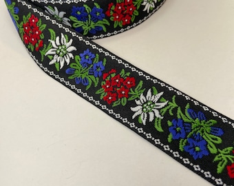 Edelweiss multi flower Scandinavian Jacquard woven fabric trim, thick but soft to the touch, 1 5/8 inch wide, sold by the yard.