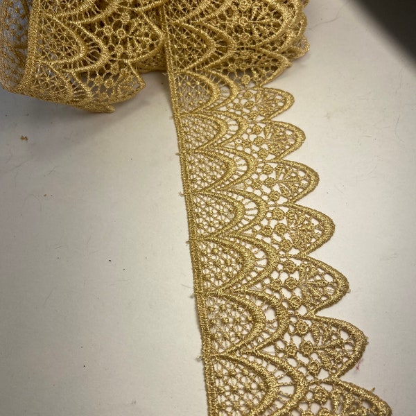 3 inch wide metallic venise lace rayon trim, sold by the yard.