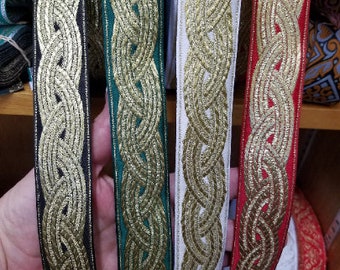 Celtic braid, gold, jacquard woven fabric trim, 1 1/4 inch wide, sold by the yard.