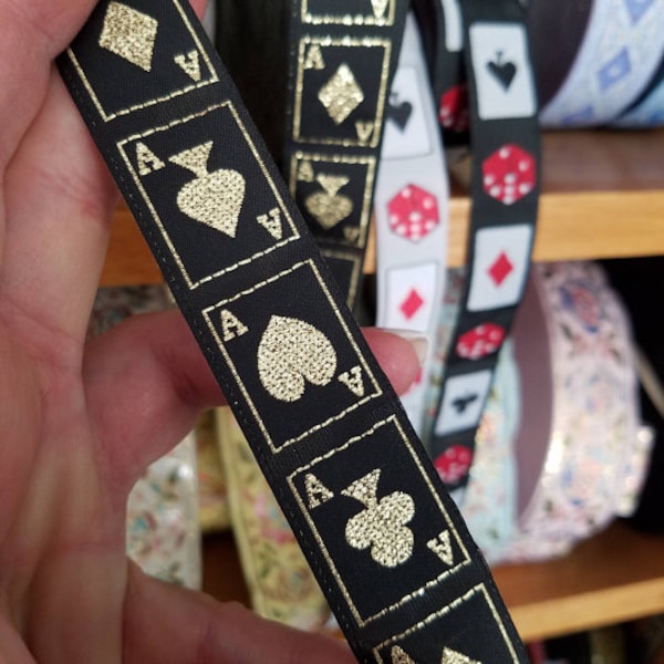 Ace playing cards woven casino metallic fabric trim, 7/8 inch wide, sold by the yard.