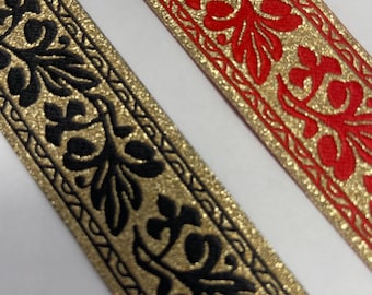 Gold metallic reversible floral  fabric trim, Woven jacquard trim, 1  inch wide, sold by the yard.