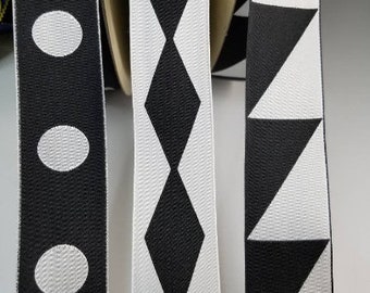 Black and white madness jacquard woven fabric trim, 1 1/4 inch wide, sold by the yard.