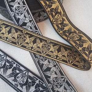 Celtic griffin metallic gold or silver fabric trim, Woven jacquard trim, 1 3/8 inch wide, sold by the yard.