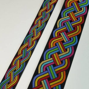 Rainbow Celtic knot, two sizes, woven fabric trim, sold by the yard.