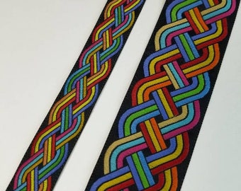 Rainbow Celtic knot, two sizes, woven fabric trim, sold by the yard.