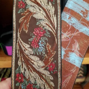 Leaf floral, metallic 2 inches wide, woven jacquard fabric trim, sold by the yard.