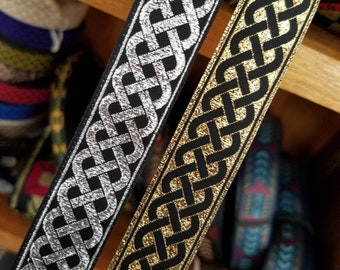Celtic woven knot braid, metallic fabric trim, 3/4 inch wide, sold by the yard.