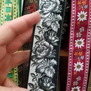 Black and white rose, jacquard woven fabric trim, 1 1/2 inch wide, sold by the yard.