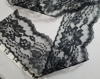 3 inch black flat floral lace, fabric trim, sold by the yard.
