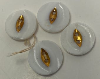 4 vintage white glass buttons, metallic finish,  in very good condition. 3/4in  #251