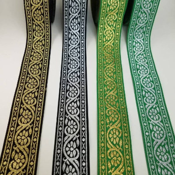 Medieval vine, metallic Jacquard Fabric Trim 1 3/4 inch wide, sold by the yard.