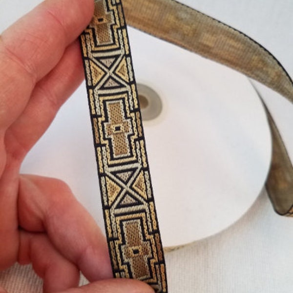 Tribal black and gold ribbon, jacquard fabric trim, 3/4 inch wide, sold by the yard.