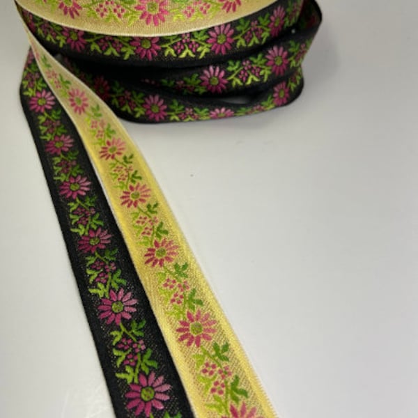 Folk art yellow or black, pink flowers, 7/8inch wide, jacquard fabric trim, sold by the yard.