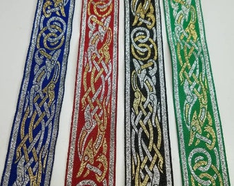 Celtic Beastie metallic woven Jacquard Fabric Trim, 1 1/4 inch wide, sold by the yard.