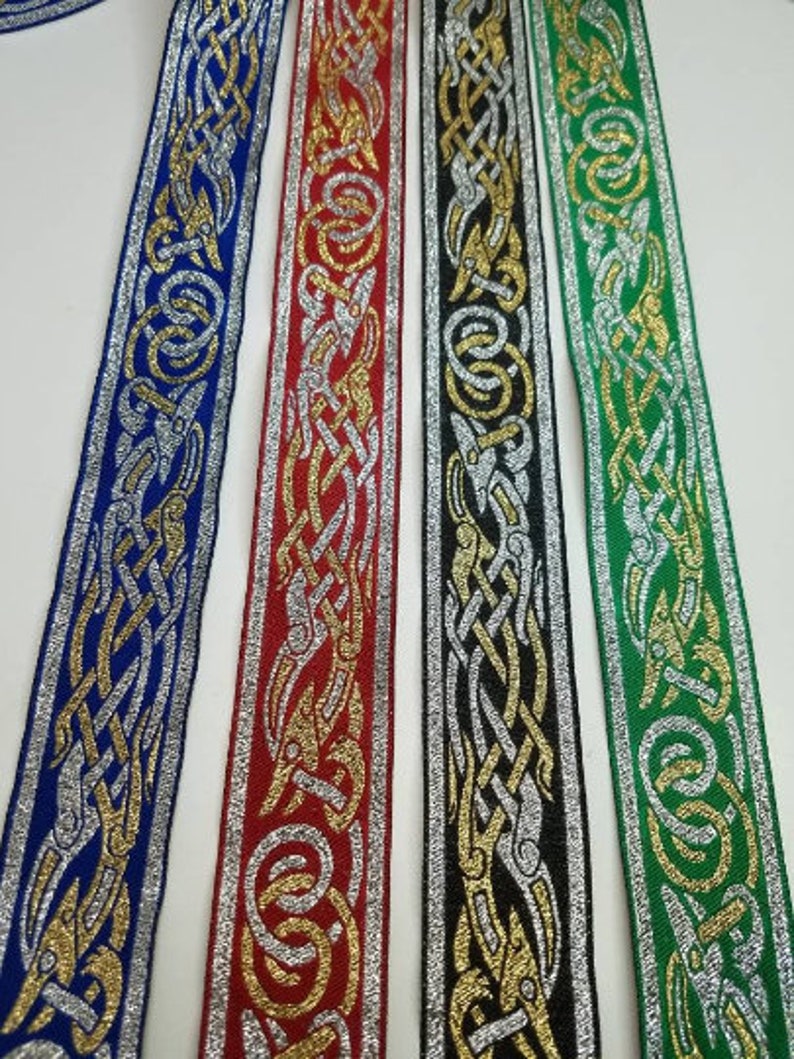 Celtic Beastie metallic woven Jacquard Fabric Trim, 1 1/4 inch wide, sold by the yard. image 1