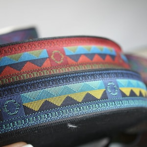 Op de afbeelding: Close-up van een rol patroonlint. Het lint heeft een herhalend geometrisch ontwerp in rood, blauw, geel en groen op een zwarte achtergrond. Het lint wordt waarschijnlijk gebruikt voor knutselen of decoratieve doeleinden.