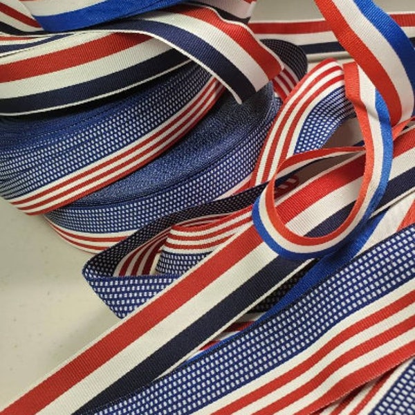 Patriotic red white and blue grosgrain ribbon trim, sold by the yard.