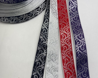 Wandering vine, silver metallic Woven jacquard fabric trim, 7/8 inch wide, sold by the yard.