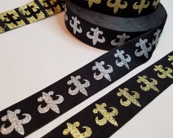 Fleur de lis metallic jacquard fabric trim, 1 inch wide, sold by the yard.