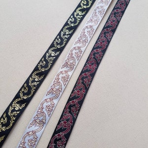 Celtic vine jacquard woven fabric trim, 5/8 inch wide, sold by the yard.