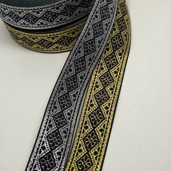 Gold or silver Celtic metallic Jacquard medieval fabric trim,  13/16 inch wide, sold by the yard.