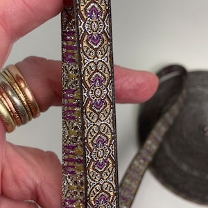 Celtic silver and violet metallic jacquard fabric Trim, 1/2 in wide, sold by the yard.