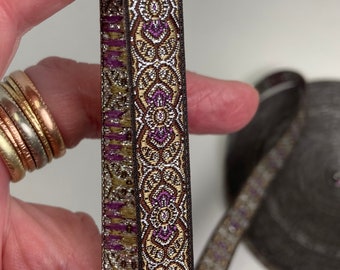 Celtic silver and violet metallic jacquard fabric Trim, 1/2 in wide, sold by the yard.