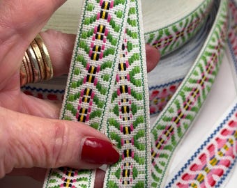 Native green x  jacquard  7/8 in wide fabric trim, sold by the yard.
