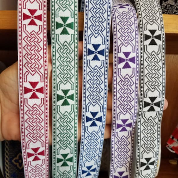 Celtic cross woven fabric trim, 1 inch wide, sold by the yard.