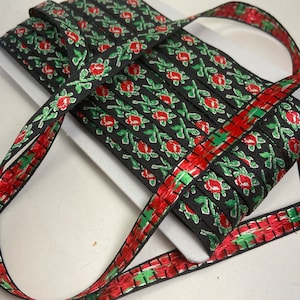 Red rose, 1/2 inch wide, jacquard woven fabric trim, sold by the yard.