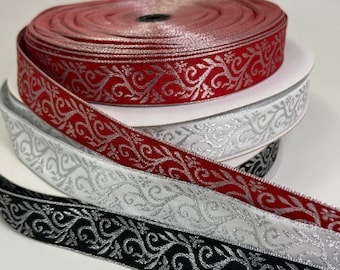 Wandering vine, silver metallic Woven jacquard fabric trim, 7/8 inch wide, sold by the yard.