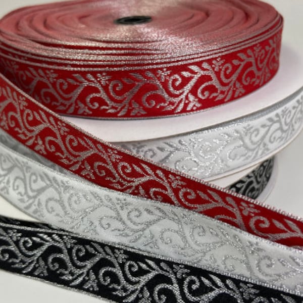 Wandering vine, silver metallic Woven jacquard fabric trim, 7/8 inch wide, sold by the yard.