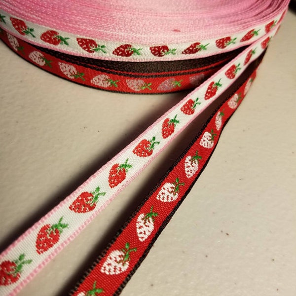 Strawberries jacquard woven fabric trim, 3/8 inch wide, sold by the yard.