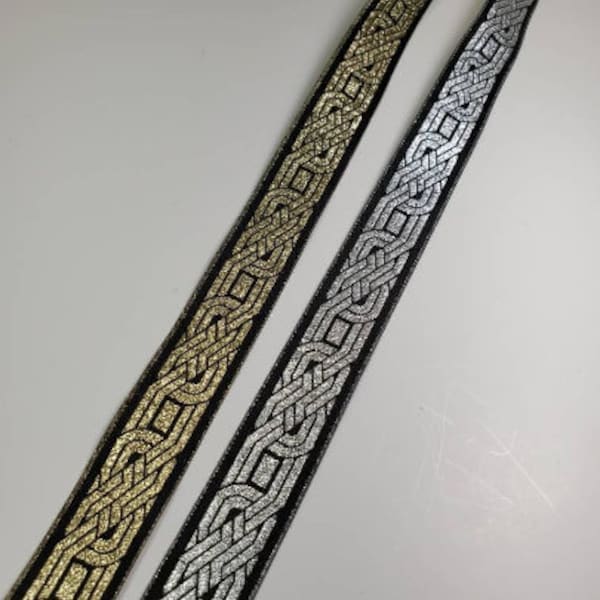 Celtic vine braid knot metallic jacquard woven fabric trim, 7/8 inch wide, sold by the yard.