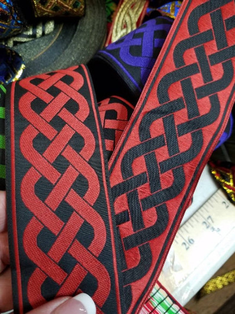 2 inches wide Celtic woven knot jacquard satin feel fabric trim sold by the yard.