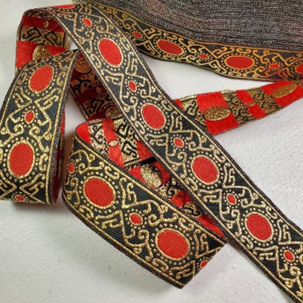 Medieval red and gold 1 inch wide jacquard woven fabric trim, sold by the yard.