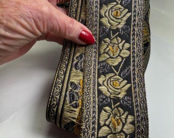 Wide metallic roses jacquard woven ribbon, 2 1/4 inches wide, sold by the yard.