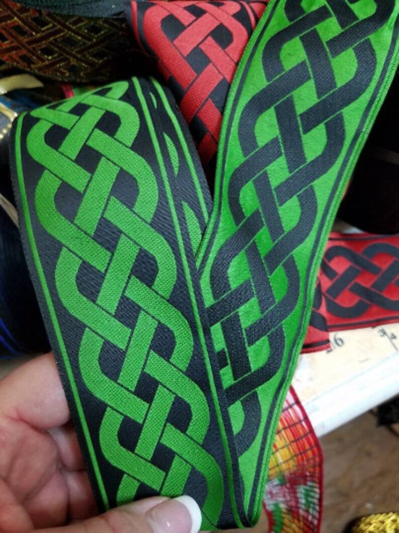 2 inches wide Celtic woven knot jacquard satin feel fabric trim sold by the yard.
