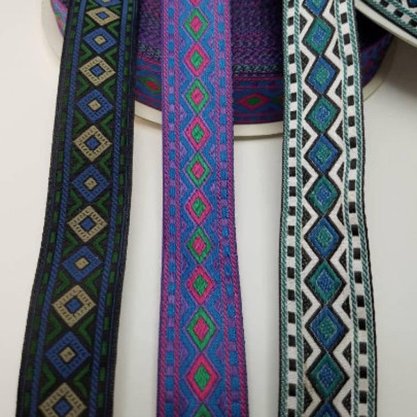 Native diamond in 3 colors, Woven jacquard fabric trim,  1 inch wide, sold by the yard.