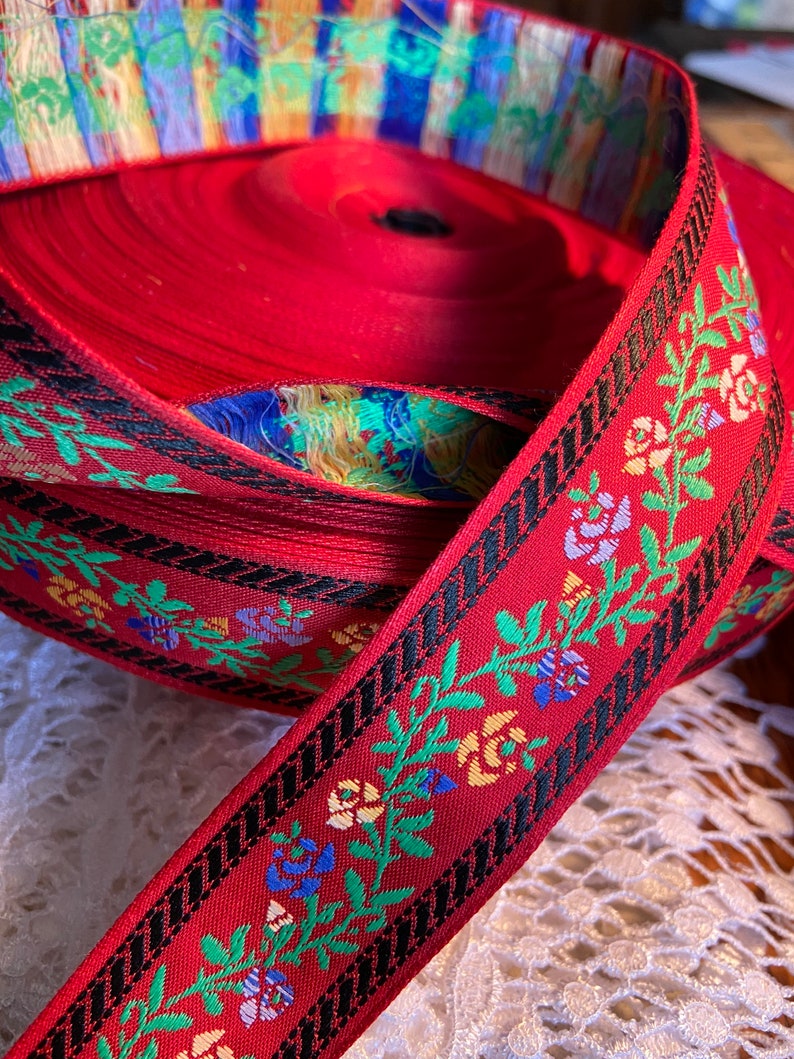 Red Floral Vine Woven Jacquard Fabric Trim 1 1/4 Inch Wide Etsy