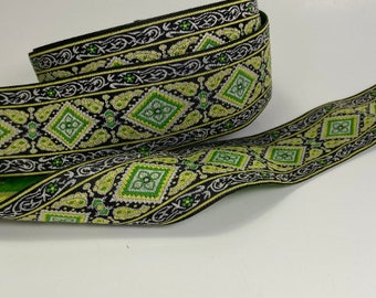 Medieval green diamond, 1 3/4 inch wide Jacquard fabric trim, sold by the yard.