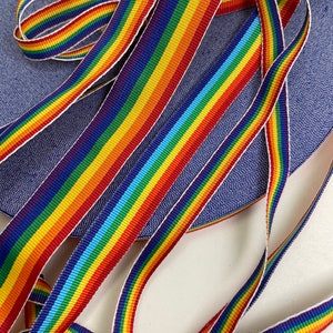 Rainbow striped grosgrain ribbon trim, 3 widths to choose from.